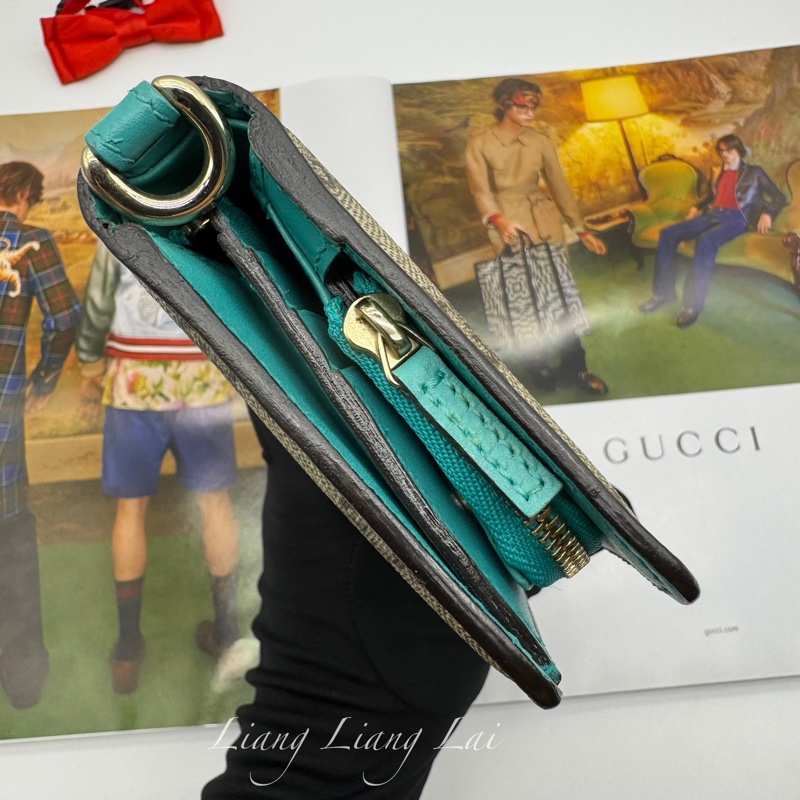 GUCCI GG Supreme 經典帆布拼湖水綠皮革長夾-25