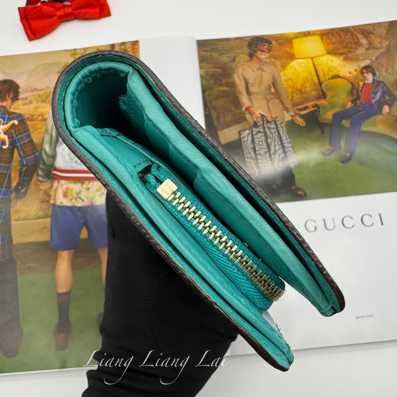 GUCCI GG Supreme 經典帆布拼湖水綠皮革長夾-26