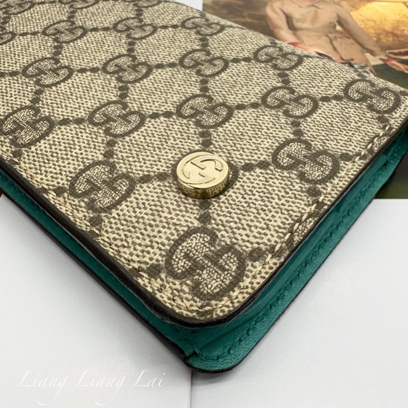 GUCCI GG Supreme 經典帆布拼湖水綠皮革長夾-27