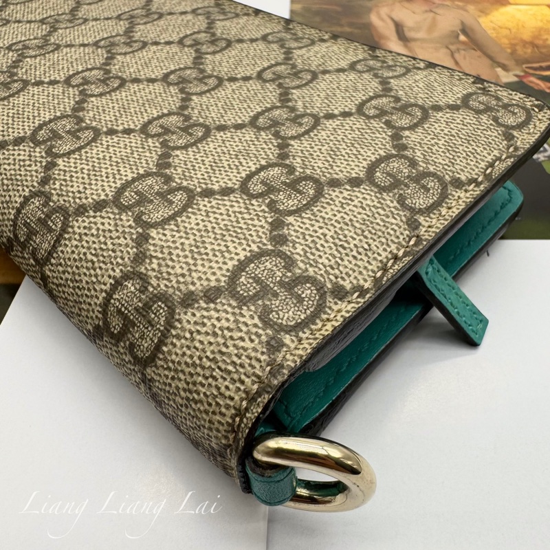 GUCCI GG Supreme 經典帆布拼湖水綠皮革長夾-30