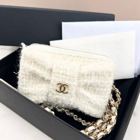 全新未使用 香奈兒 Chanel 白色毛呢蝴蝶結小鏈條包 專櫃VIC聖誕禮物