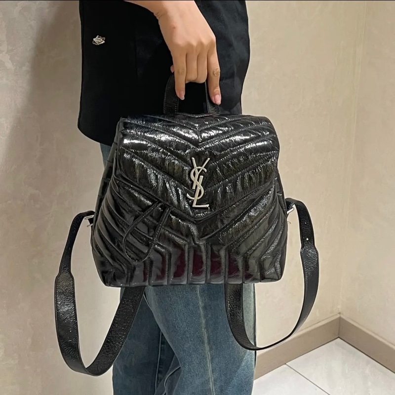 YSL 聖羅蘭黑銀V紋牛皮LouLou雙肩包,油臘皮-2