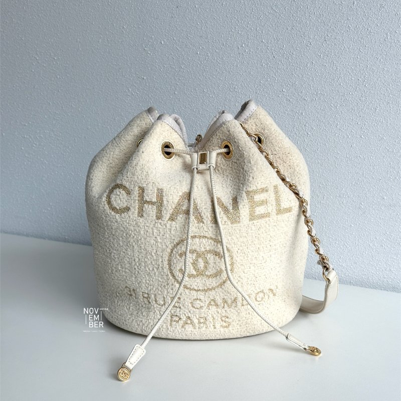 99新🆕 Chanel 香奈兒 水桶沙灘包 奶白色金絲款-3