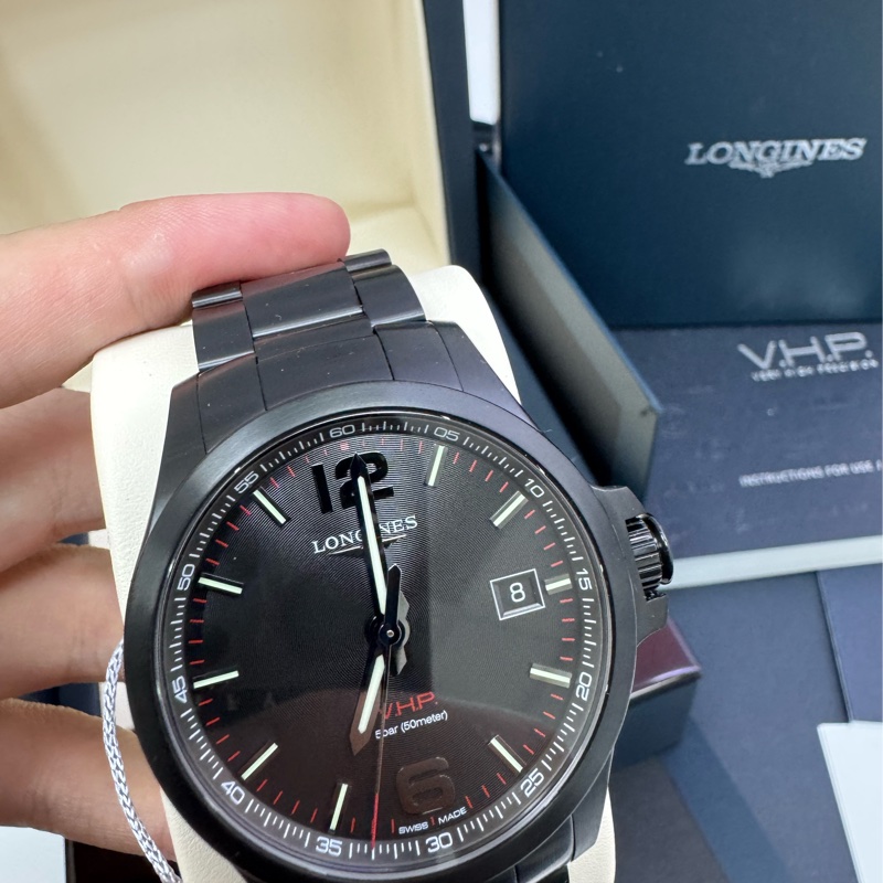 Longines 黑鋼錶殼 表帶 高精準石英錶 個性黑色錶盤-5