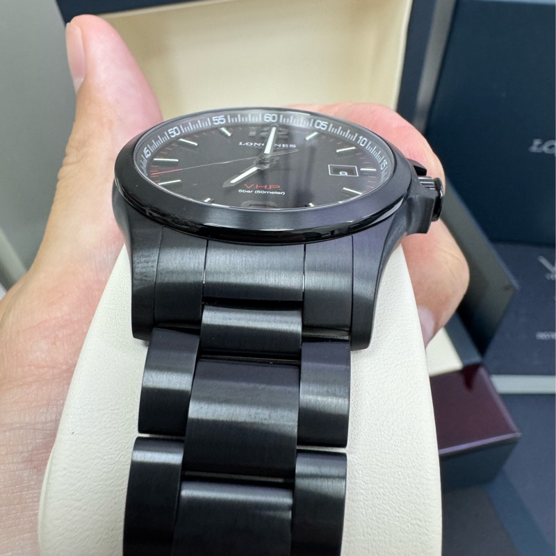 Longines 黑鋼錶殼 表帶 高精準石英錶 個性黑色錶盤-7
