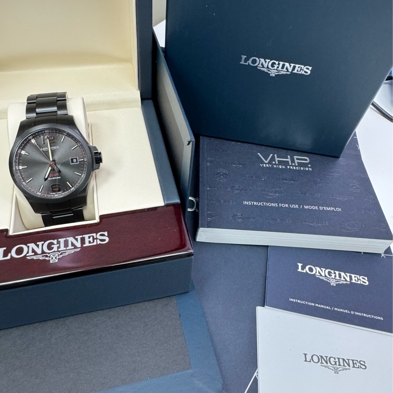 Longines 黑鋼錶殼 表帶 高精準石英錶 個性黑色錶盤-10