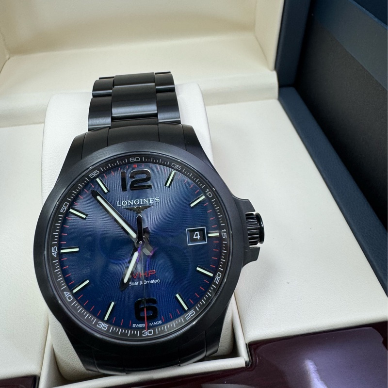 Longines 浪琴錶 石英錶 黑鋼錶帶 藍色錶盤-5