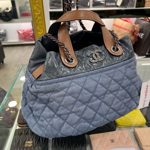 ㊣東區正精品㊣CHANEL In The Mix 香奈兒海軍藍色炫彩牛皮霧銀鍊泡泡包保齡球包手提包肩背包 RZ5887-2