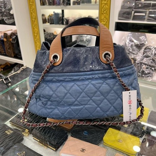 ㊣東區正精品㊣CHANEL In The Mix 香奈兒海軍藍色炫彩牛皮霧銀鍊泡泡包保齡球包手提包肩背包 RZ5887-11