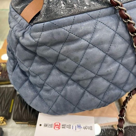 ㊣東區正精品㊣CHANEL In The Mix 香奈兒海軍藍色炫彩牛皮霧銀鍊泡泡包保齡球包手提包肩背包 RZ5887-17