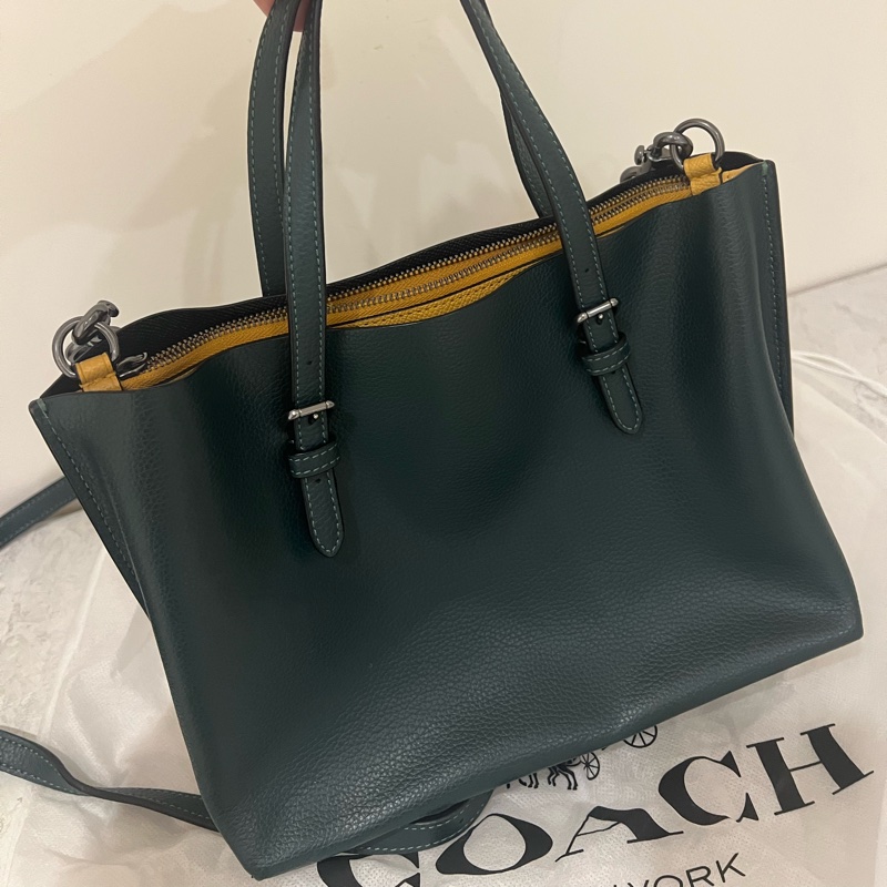 Coach 肩側背包 墨綠色皮革包 有黃色夾層-2