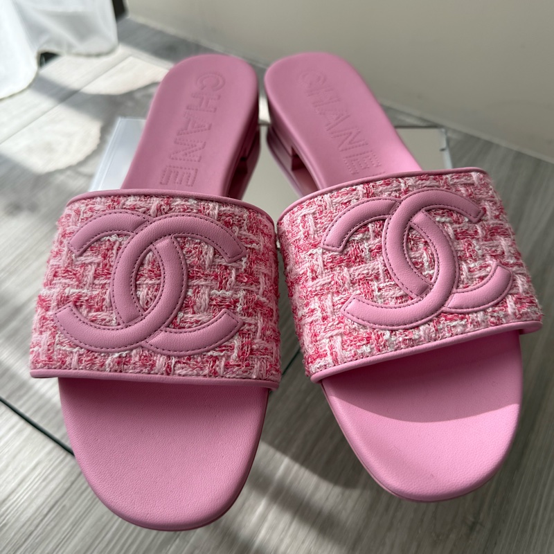 CHANEL 粉色毛呢Logo拖鞋 40號 全新品-1
