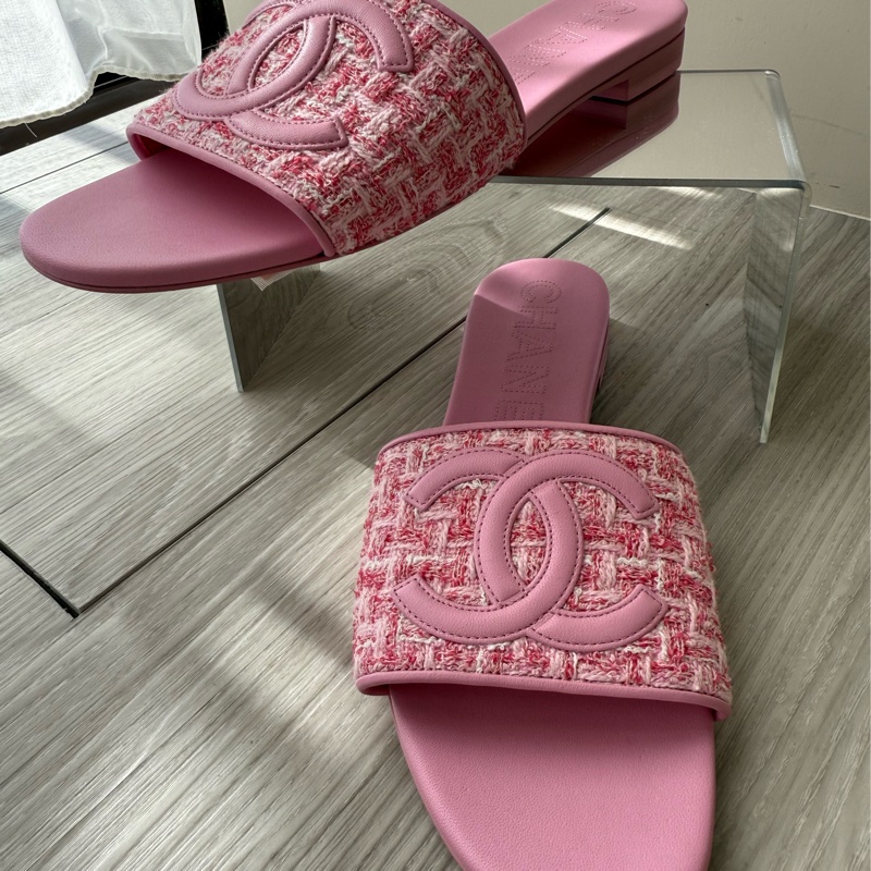 CHANEL 粉色毛呢Logo拖鞋 40號 全新品-7