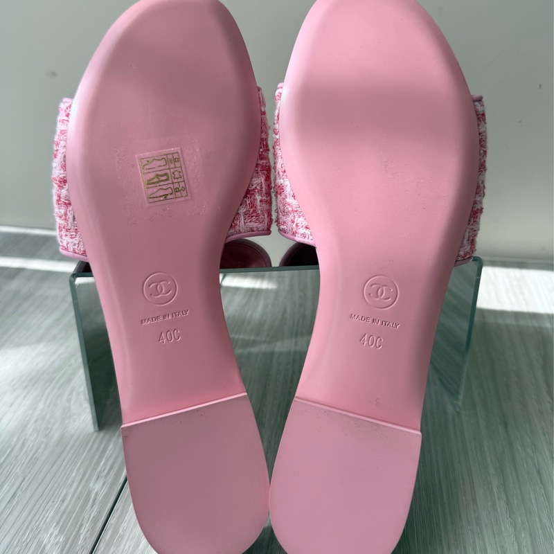 CHANEL 粉色毛呢Logo拖鞋 40號 全新品-9
