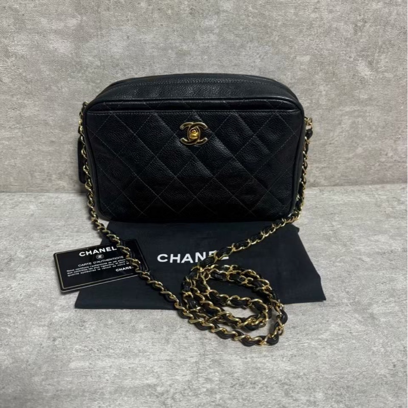 正品 Chanel vintage 黑金荔枝皮相機包-0