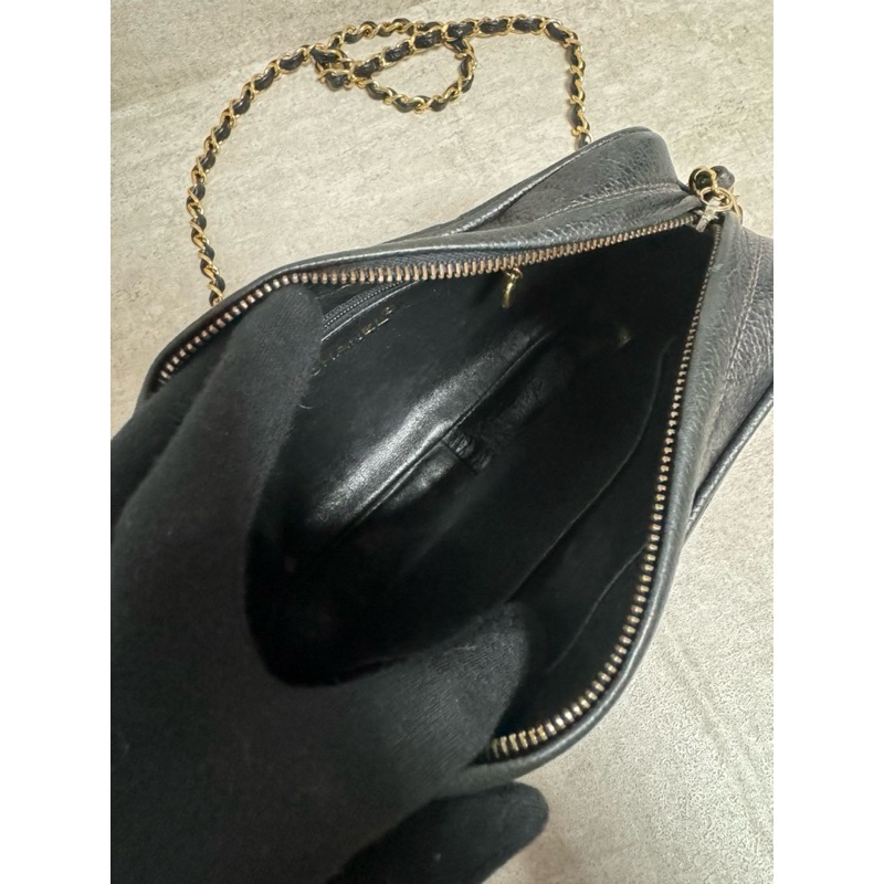 正品 Chanel vintage 黑金荔枝皮相機包-10