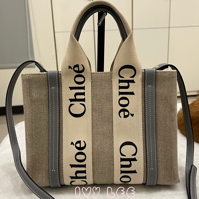 Chloe’ 蔻依 經典小號Woody 帆布皮革飾邊 手提包 斜背包 灰藍 正品 二手精品-1
