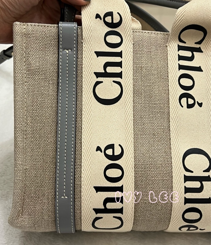 Chloe’ 蔻依 經典小號Woody 帆布皮革飾邊 手提包 斜背包 灰藍 正品 二手精品-22