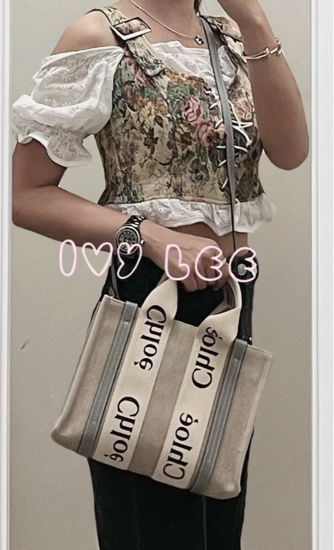 Chloe’ 蔻依 經典小號Woody 帆布皮革飾邊 手提包 斜背包 灰藍 正品 二手精品-27