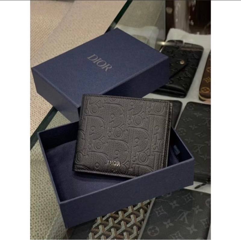 Dior 經典 黑色壓紋滿版設計零錢袋內裏 皮革 真皮短夾-0