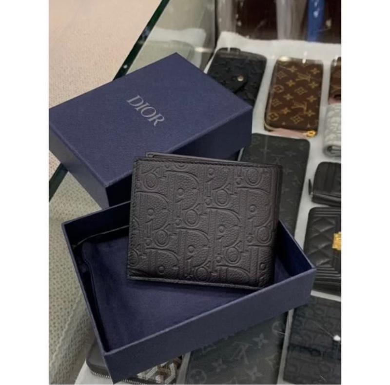 Dior 經典 黑色壓紋滿版設計零錢袋內裏 皮革 真皮短夾-1