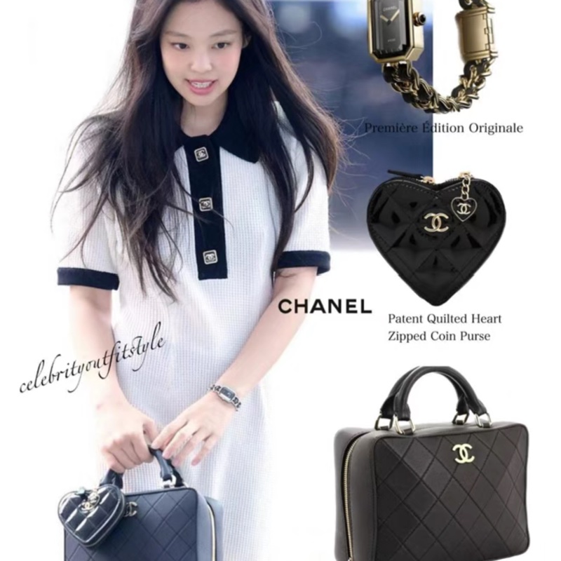 Chanel Jennie同款+20C黑金化妝盒子29開編碼 黑金牛皮菱格寬肩帶相機包-7