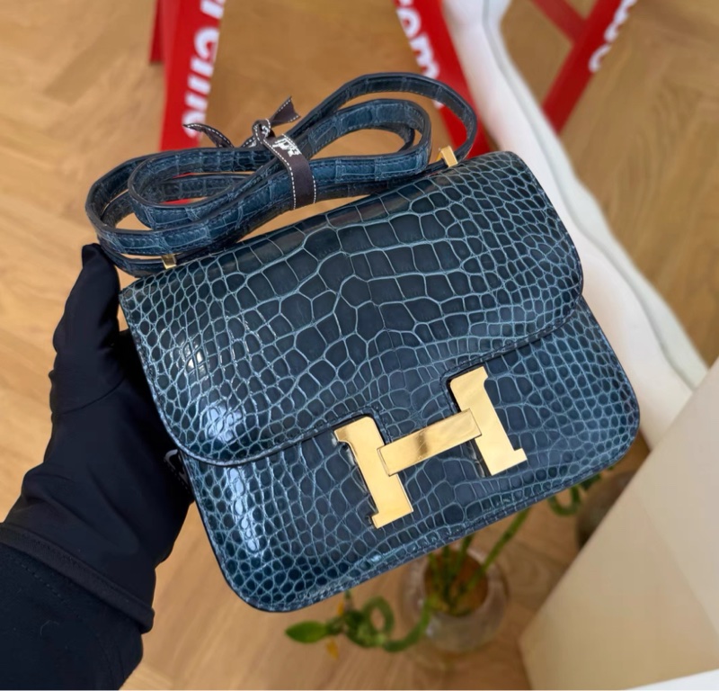有購証💓 Hermes mini Constance 亮面 方塊鱷魚伊茲密爾藍 金扣A刻-1