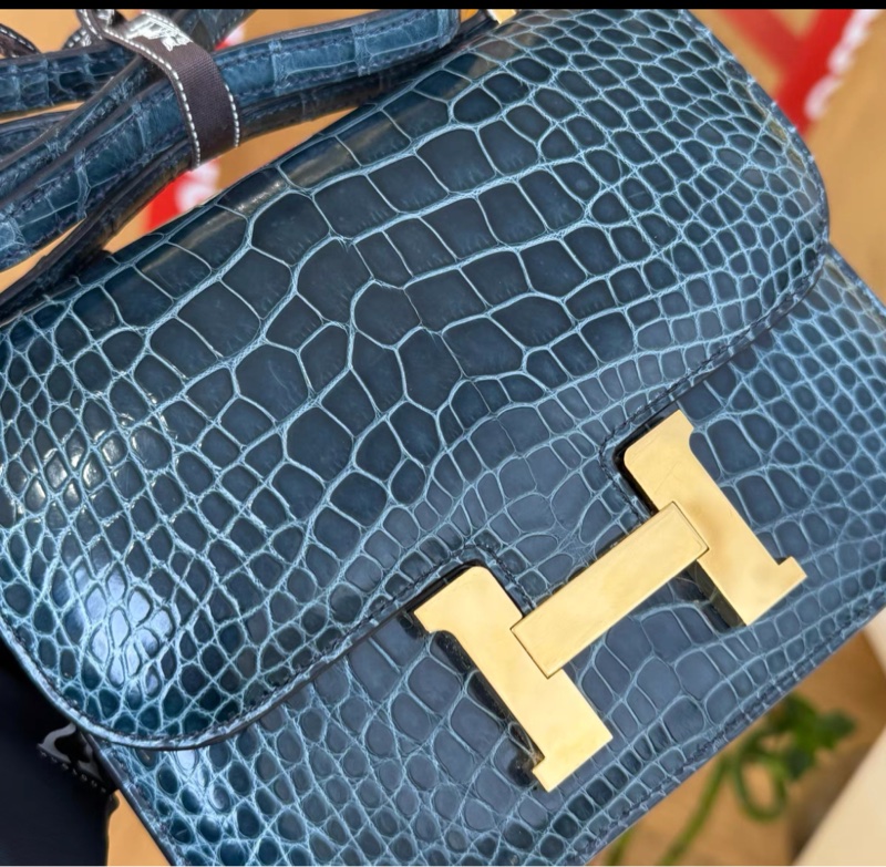 有購証💓 Hermes mini Constance 亮面 方塊鱷魚伊茲密爾藍 金扣A刻-2