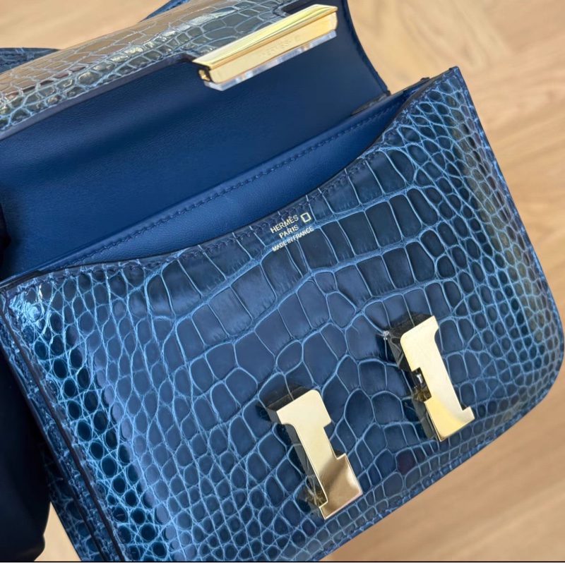 有購証💓 Hermes mini Constance 亮面 方塊鱷魚伊茲密爾藍 金扣A刻-4