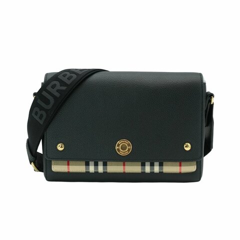 Burberry 展示品 Vintage 格纹拼皮革 Note 斜背包-中款(8021110-黑)