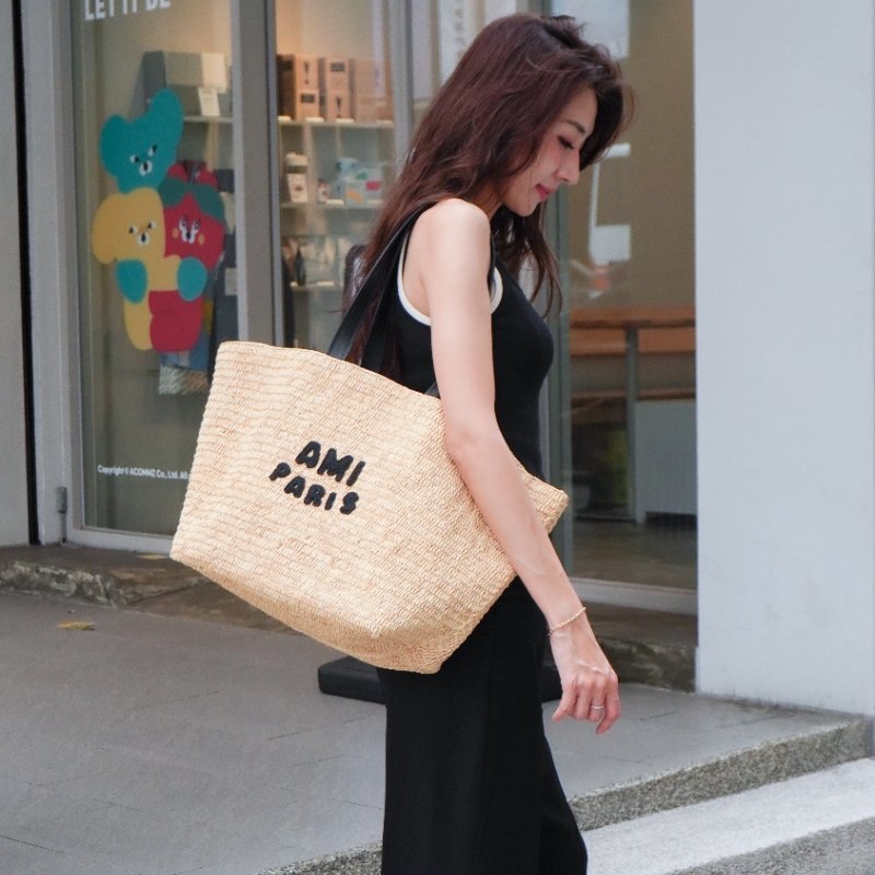 Ami 立體黑logo草編肩背托特包(米/黑)-0