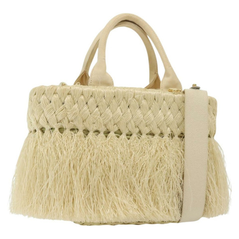 PRADA 手提包 拉菲草 2 向 象牙色 金色 正品 140191