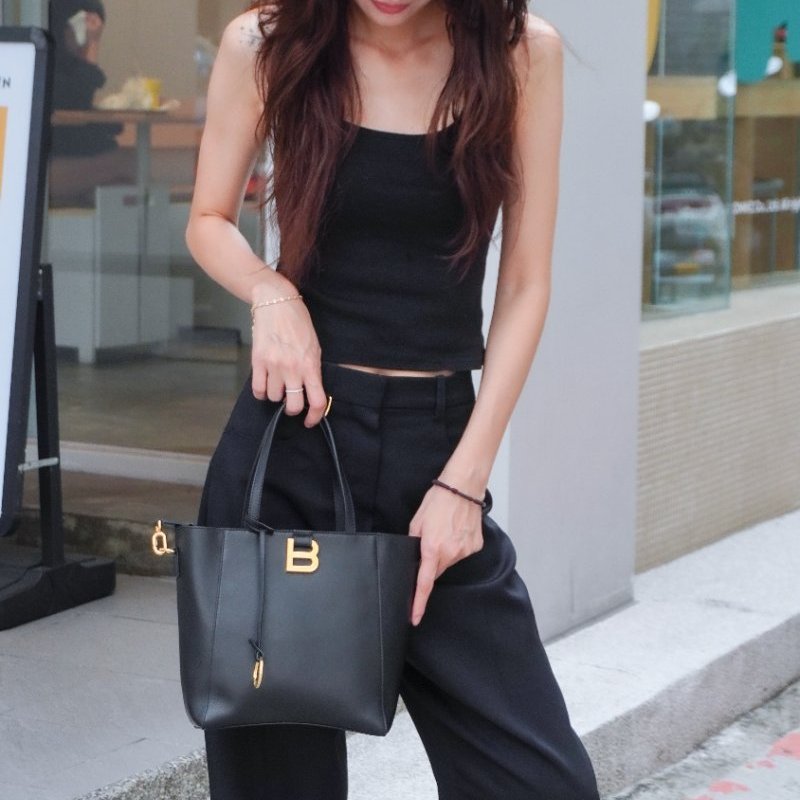 Balenciaga Hourglass 牛皮仿舊金釦手提兩用托特包-小(810415-黑)-0