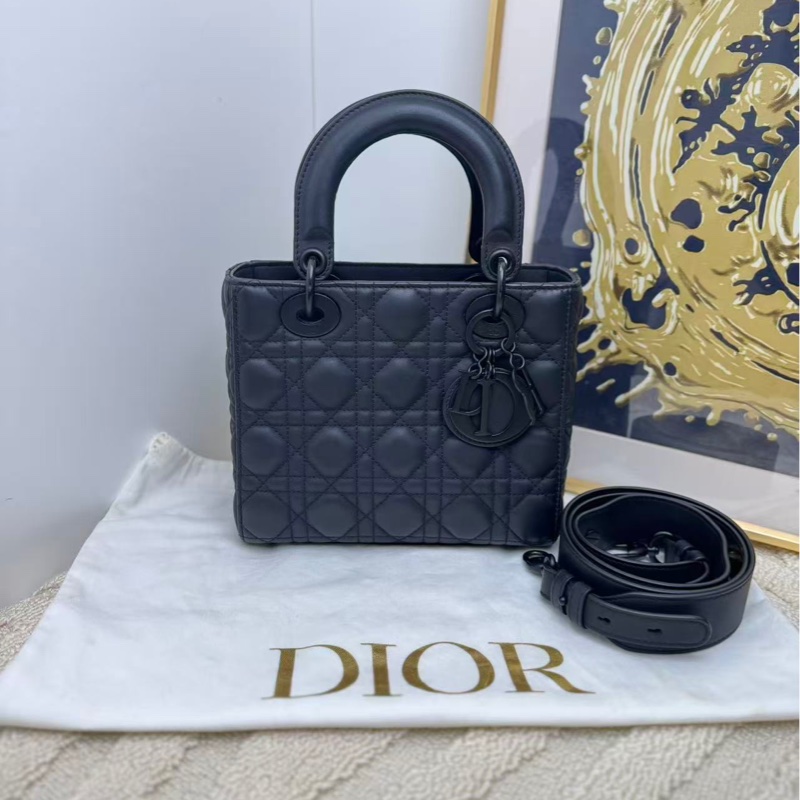 【經典款🩷】Dior lady四格黑色磨砂戴妃包 手提包 斜挎包-0