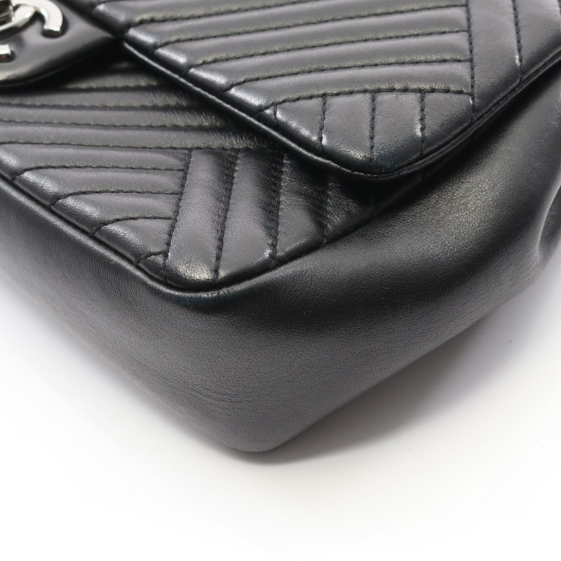 CHANEL 斜紋鏈單肩包 小羊皮 綿羊皮 黑色 二手 SHW CC-6