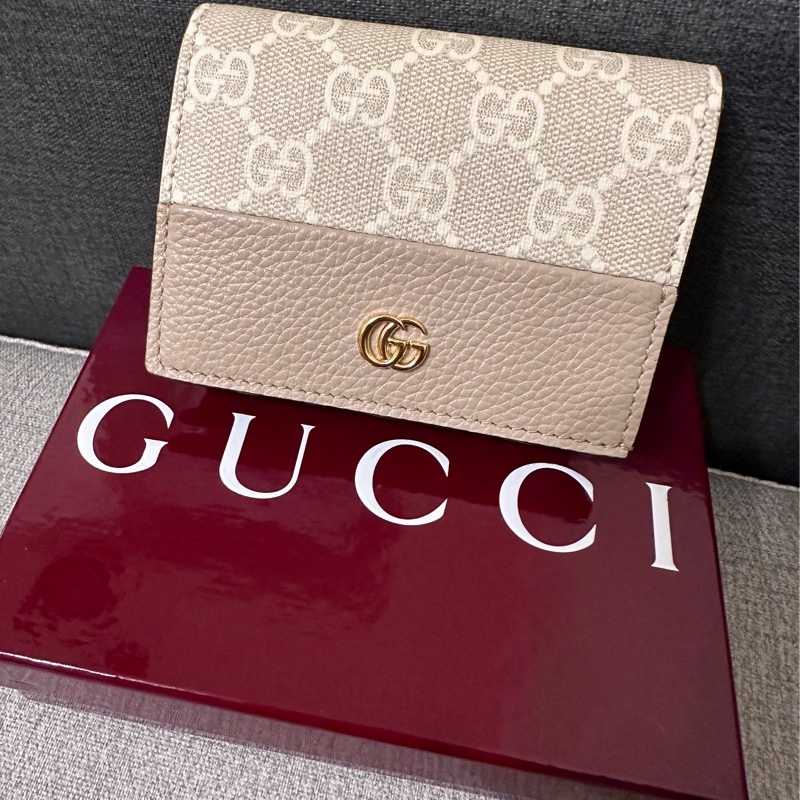 GUCCI 奶茶白老花短夾-5