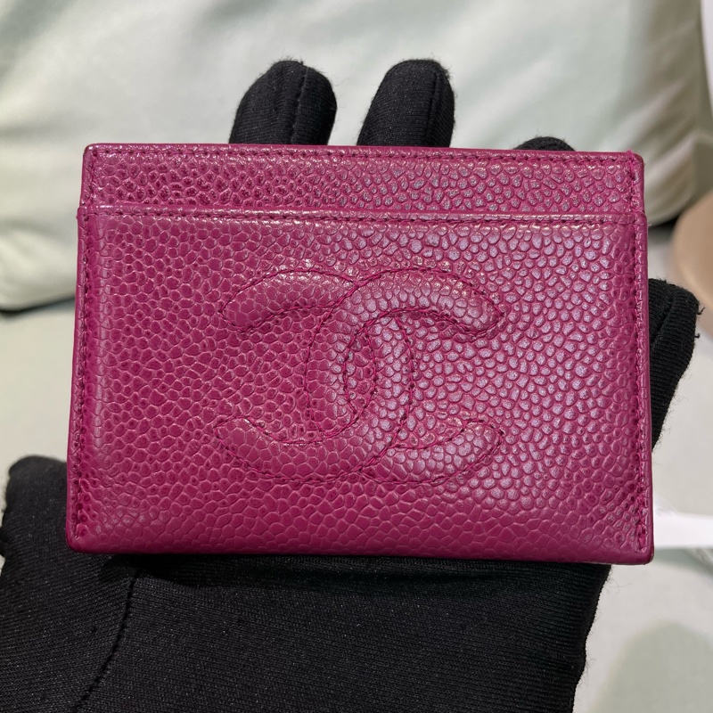 Chanel 香奈兒 紫紅色車線雙C logo卡包 X215-1