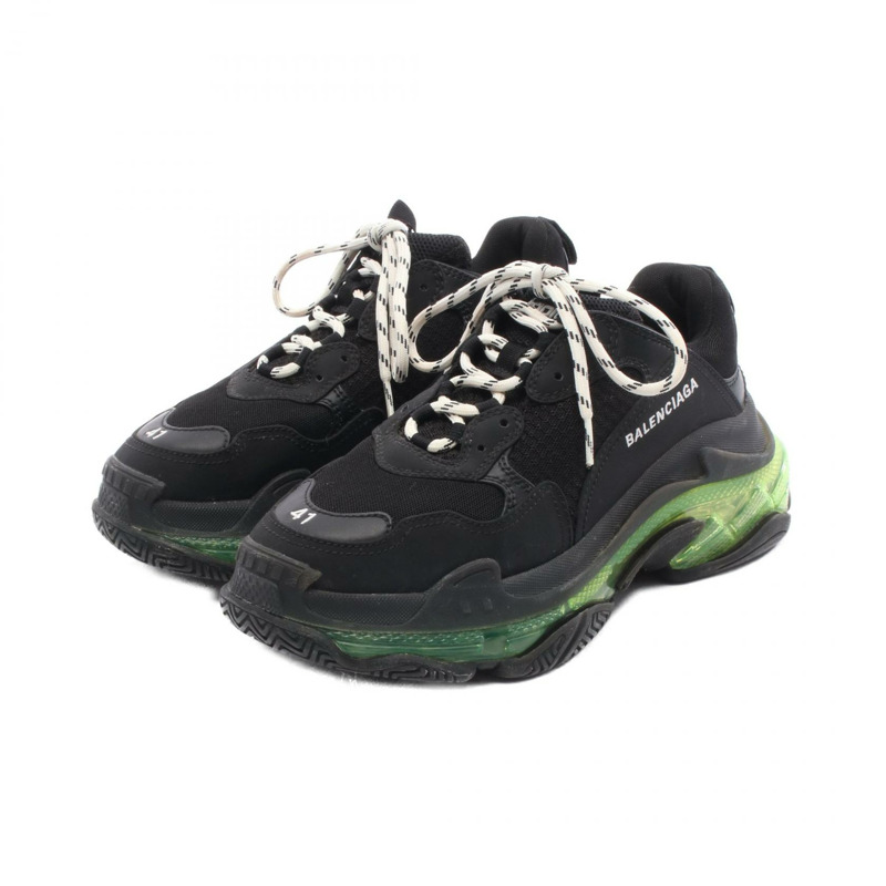 BALENCIAGA Triple S 運動鞋 #9 皮革布料黑色綠色二手男款-0