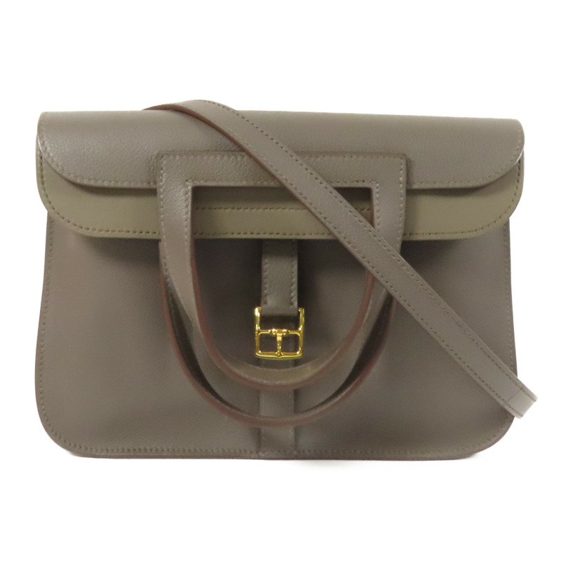 HERMES Evercolor皮革Halzan 25金扣手挽肩背兩用袋Etain-0