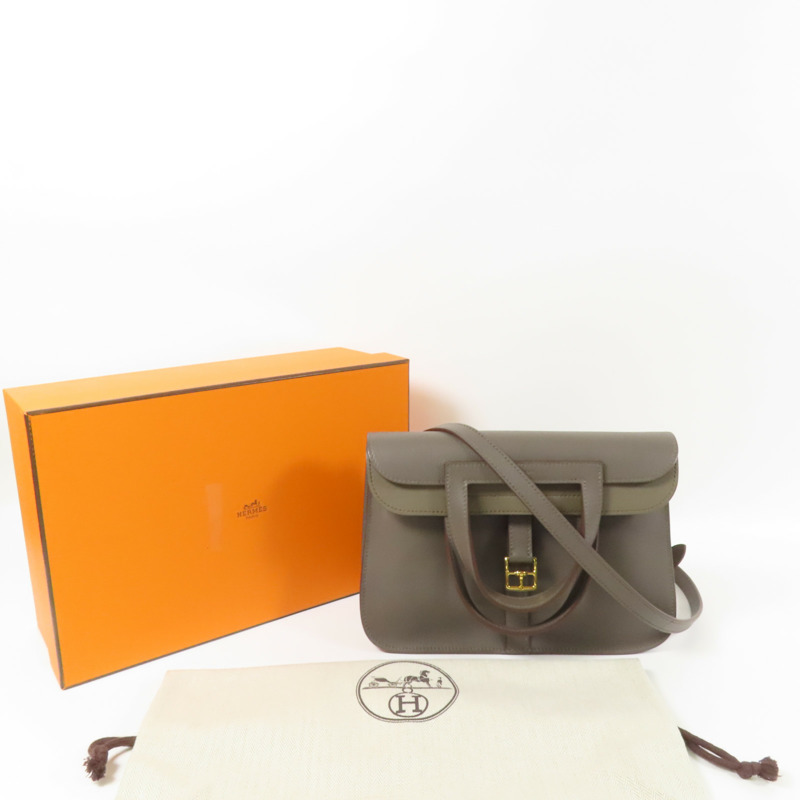 HERMES Evercolor皮革Halzan 25金扣手挽肩背兩用袋Etain-9
