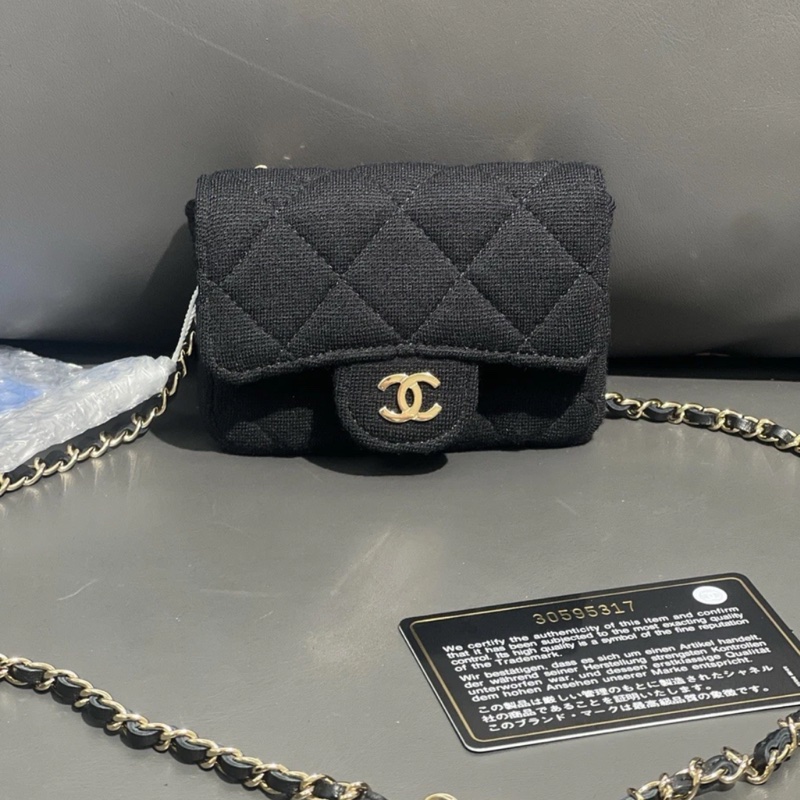 CHANEL 鏈條腰帶單肩包錢包迷你 斜挎包 Matrasse 黑色帆布-0