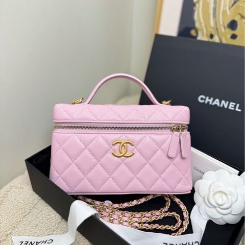 【閒置❤️全套】Chanel 25P飯盒包手柄長盒子櫻花粉拉絲金扣荔枝牛皮 斜挎包