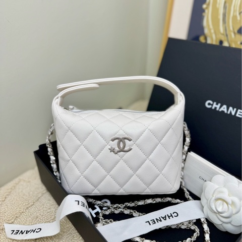【99❤️全套】Chanel 25B星星鑽扣飯盒包 白色銀扣荔枝紋牛皮 鏈條可拆卸 斜挎包