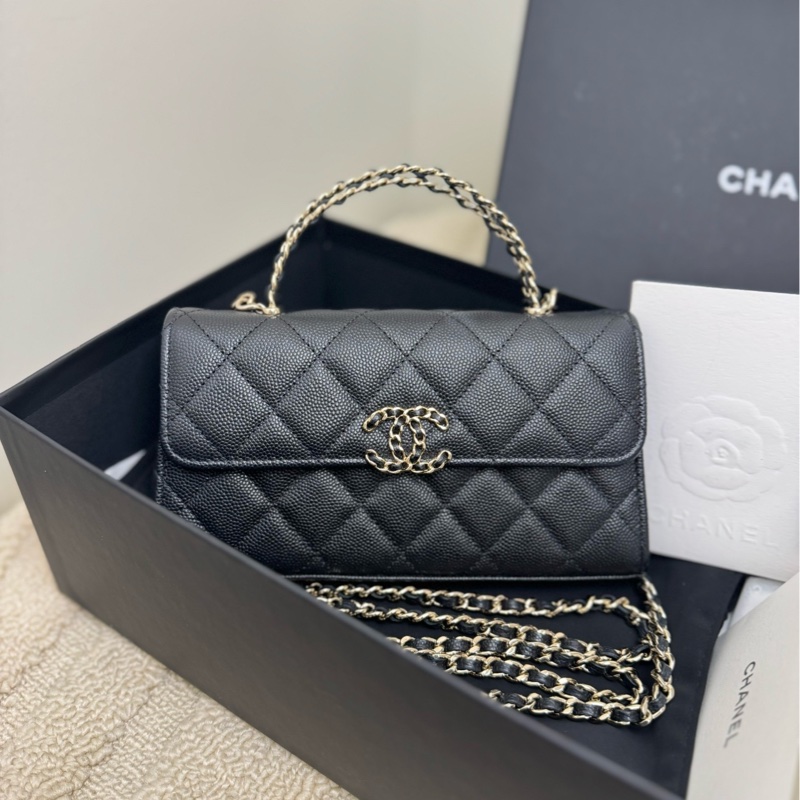 【全套帶票】CHANEL 23P Kelly黑色金扣荔枝紋牛皮橫版鏈條包 可單肩斜挎-1