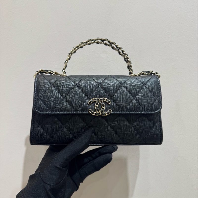 【全套帶票】CHANEL 23P Kelly黑色金扣荔枝紋牛皮橫版鏈條包 可單肩斜挎-2