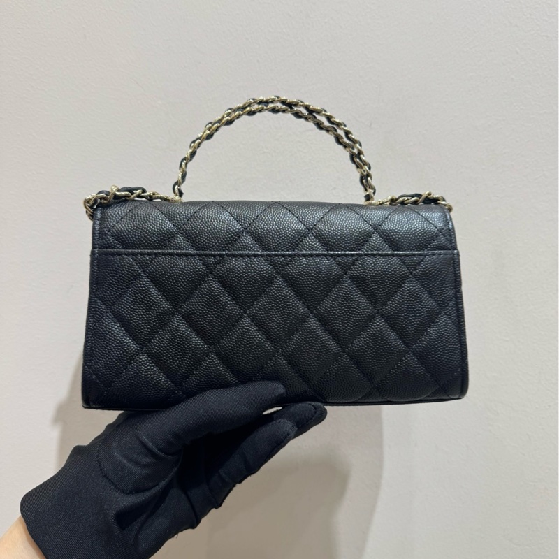 【全套帶票】CHANEL 23P Kelly黑色金扣荔枝紋牛皮橫版鏈條包 可單肩斜挎-3