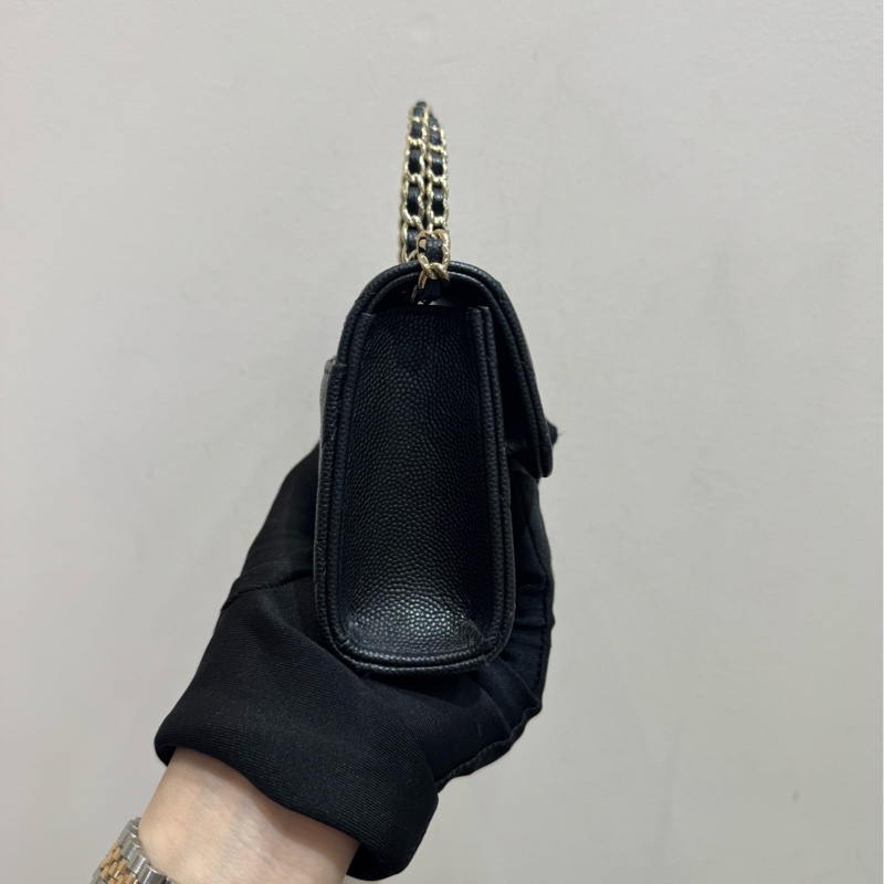 【全套帶票】CHANEL 23P Kelly黑色金扣荔枝紋牛皮橫版鏈條包 可單肩斜挎-5