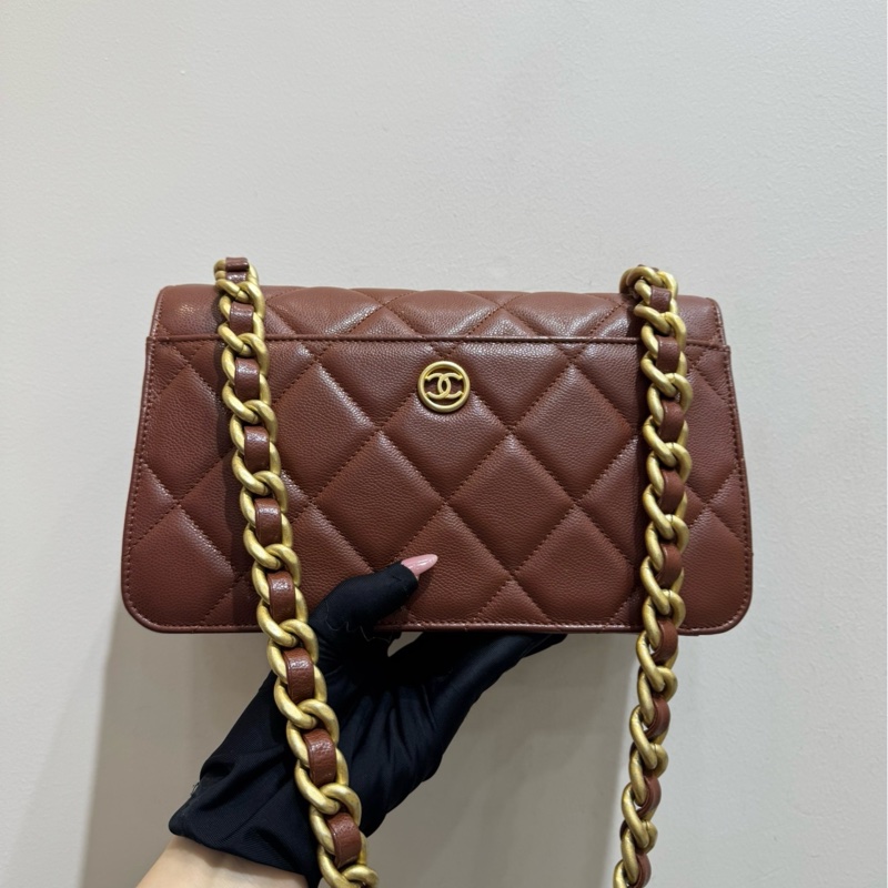 【近新閒置🩷】Chanel 棕色金扣大logo荔枝牛皮粗鏈條包 單肩斜挎包-2