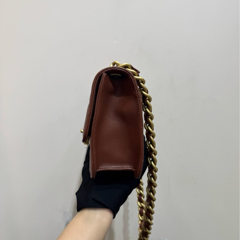 【近新閒置🩷】Chanel 棕色金扣大logo荔枝牛皮粗鏈條包 單肩斜挎包-4
