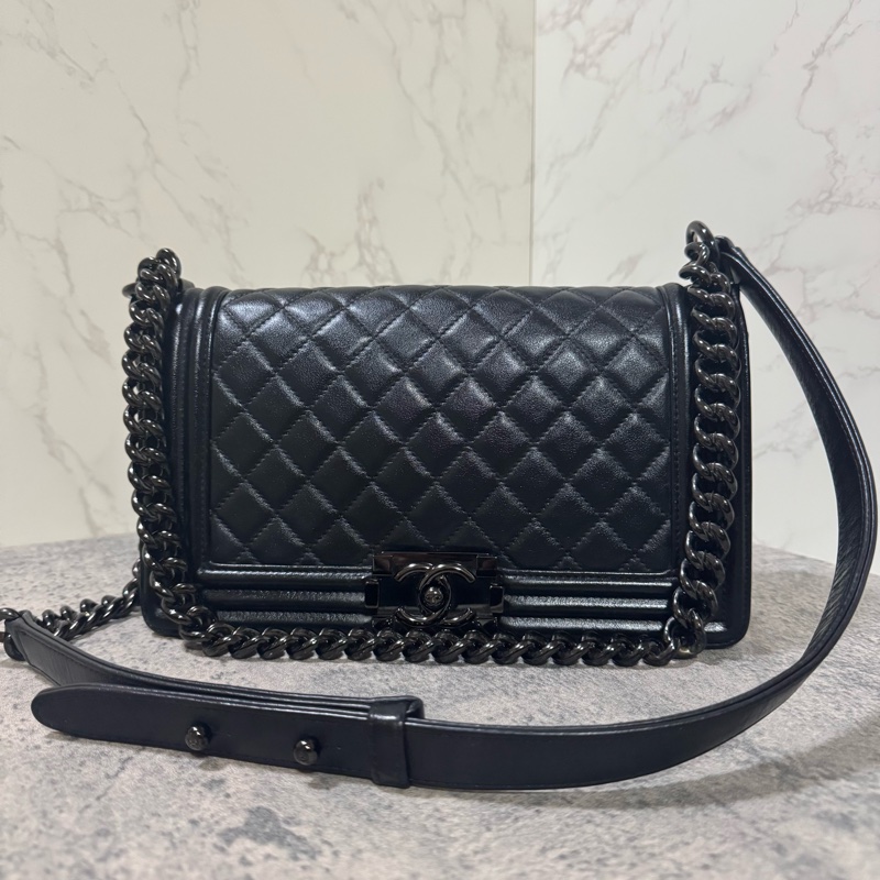 Chanel香奈兒Boy25 黑色羊皮黑扣24開-0